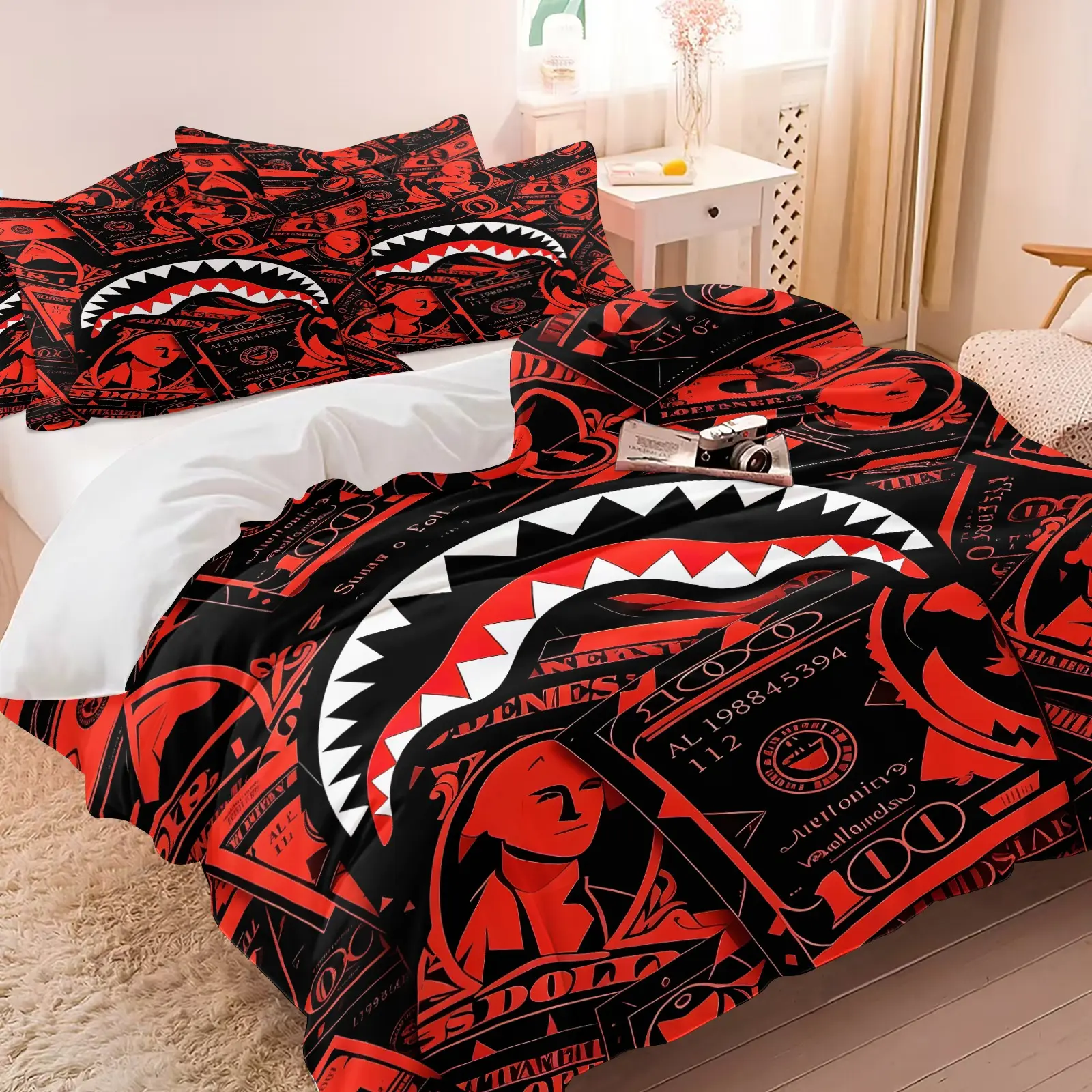 Shark Mouth Dollar Bill Duvet Cover Set, Soft Breathable Lightweight Black and Red Money Print Bedding Set for Teens Boys Men, Cool Hip Hop Trendy Bed Set (1 Duvet Cover + 1-2 Pillowcases), Twin Full Queen King Size