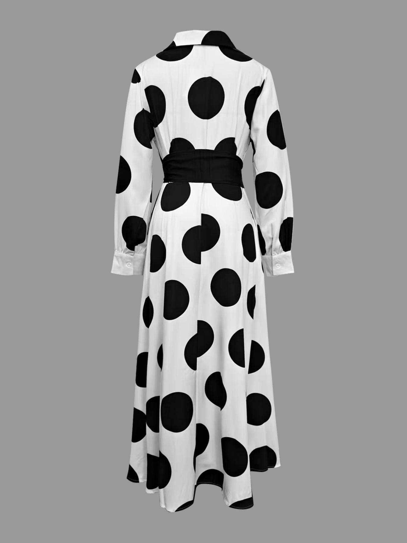Women's A-Line Long Sleeve Polka Dot Belted Maxi Dress, Casual Summer Fashion, Elegant Pocket Design, Perfect for Parties & Daily Wear