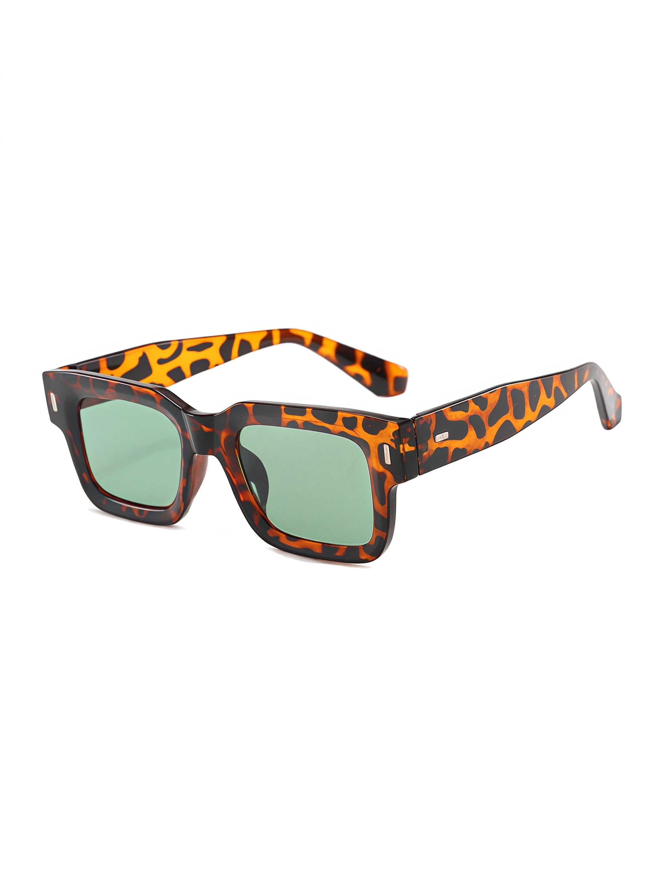 Leopard Frame Green Lens Square Sunglasses, European and American Retro Trendy Shades, Stylish Statement Streetwear Accessory for Vacation, Travel, Beach Photos, Street Style, Dating, Shopping, Commuting, Daily Looks, Back-to-School and Birthday Gifts