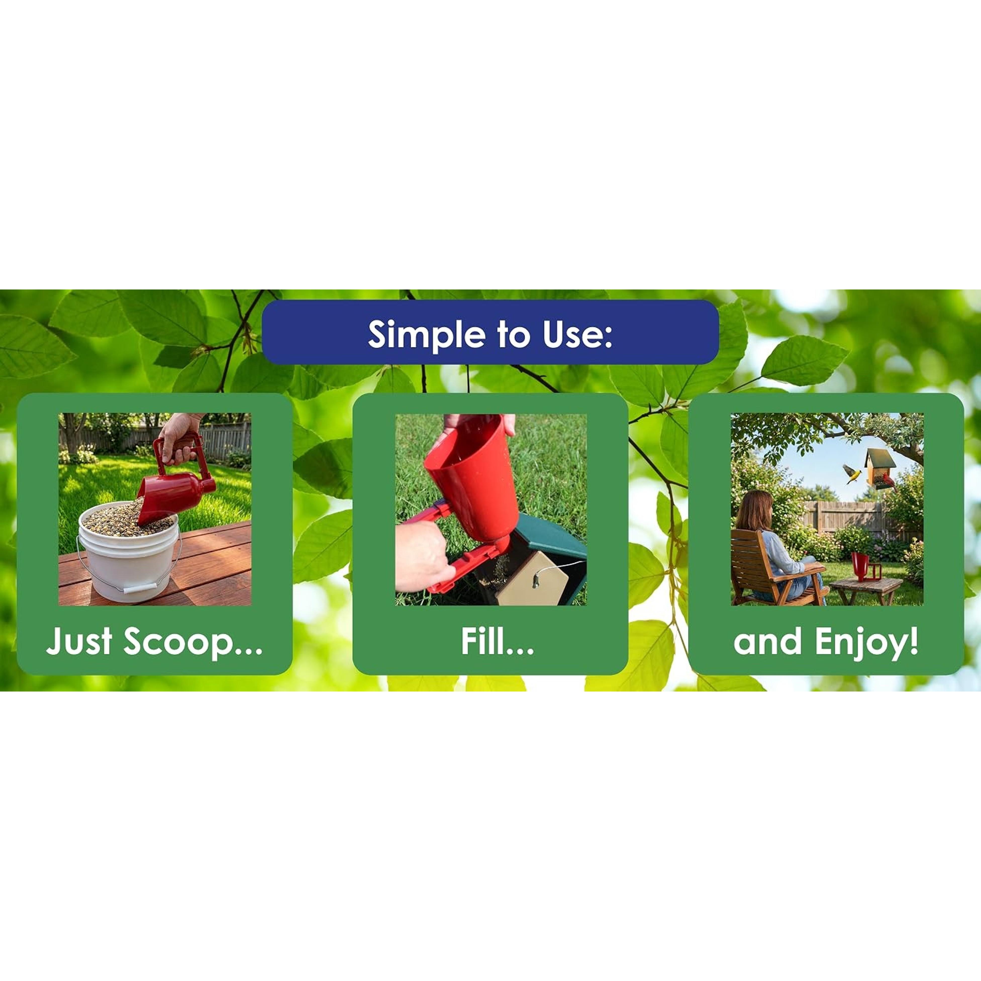 4-Cup Bird Seed Scoop - Plastic Feed Dispenser with Funnel Shape, Handle-Trigger Grip, Quick Release for Filling Bird Feeders, Fits Any Seed