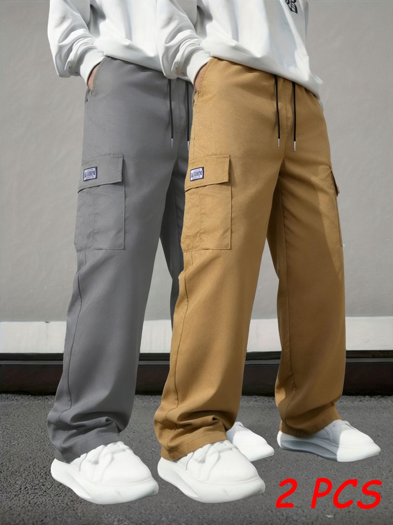 Men's Work Pants 3-Pack, Casual Tie-Waist Loose Fit Straight Leg, Multiple Pockets, Breathable Lightweight Streetwear, //