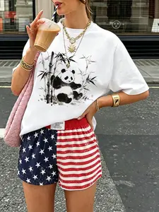 2 pieces, Y2K women's panda print short sleeved and American flag shorts casual set, soft and loose comfortable fabric, summer daily home and outdoor wear, Independence Day and 250th anniversary bottoms in the United States