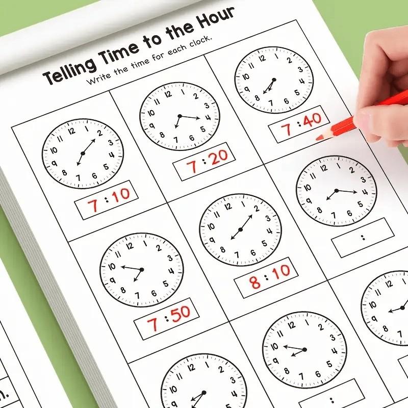 32 Page Math Clock Time Practice Book, Fun Mathematics Book for Preschool to Grade 1, Arithmetic Book, Suitable for Home or School Use