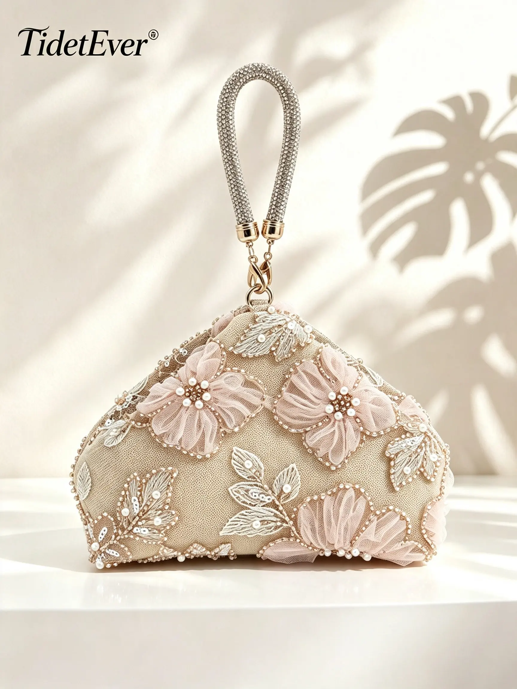 Champagne Floral Pearl Beaded Clutch Bag, Rhinestone Wrist Purse for Women, Mesh Evening Handbag for Prom, Bridesmaid, Wedding Guest