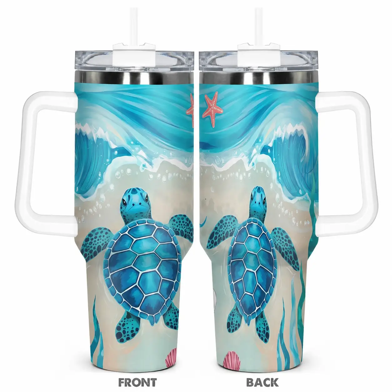 40oz Stainless Steel Insulated Sea Turtle Tumbler with Handle and Straw, Ocean Wave Beach 2D Printed Portable Vacuum Flask for Iced Tea, Coffee (with Insulation), Flasks