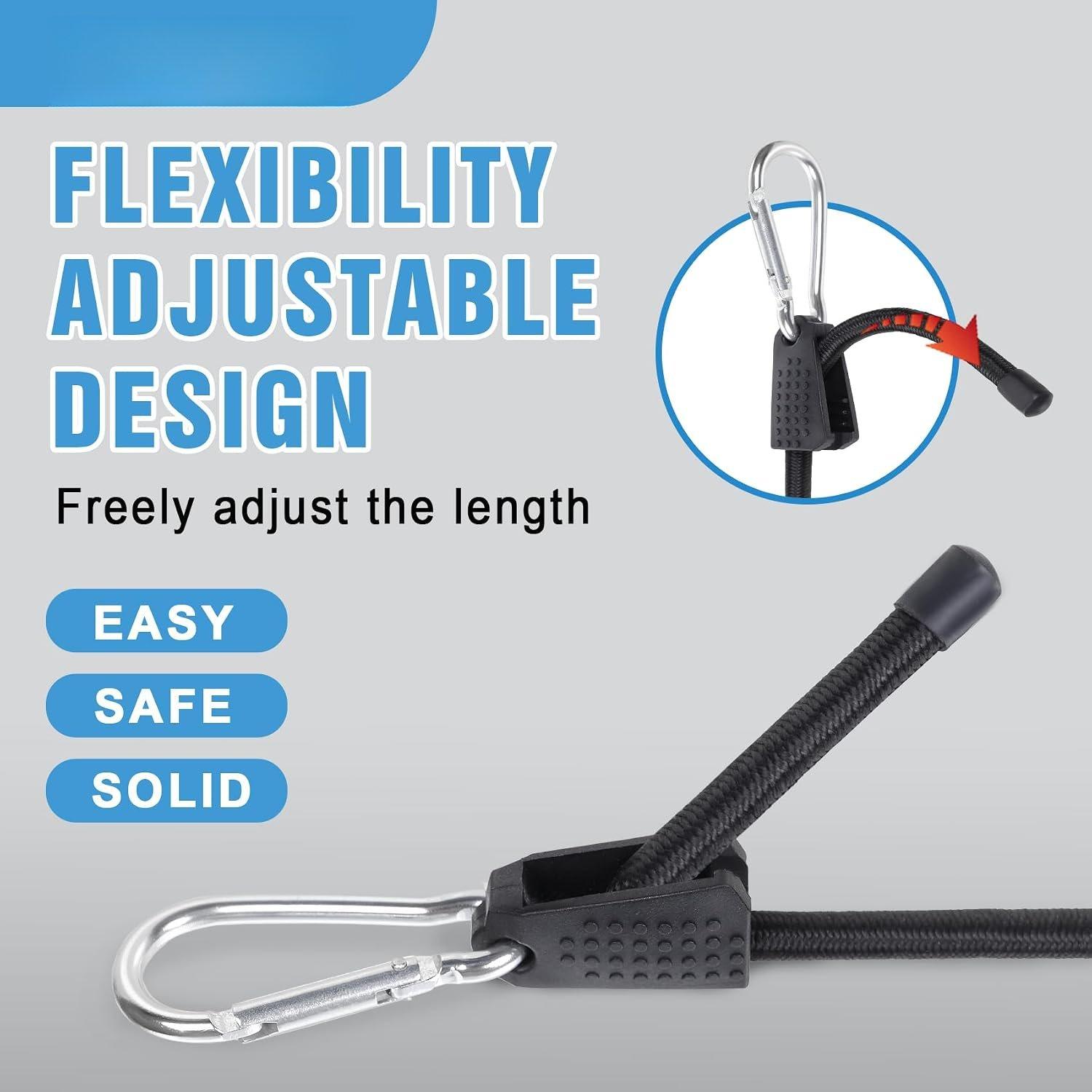 Adjustable Bungee Cords with Hooks Heavy Duty Elastic Cords with Clips Carabiner Bungee Cord Elastic Ropes for Outdoor, (4, Black, 24")