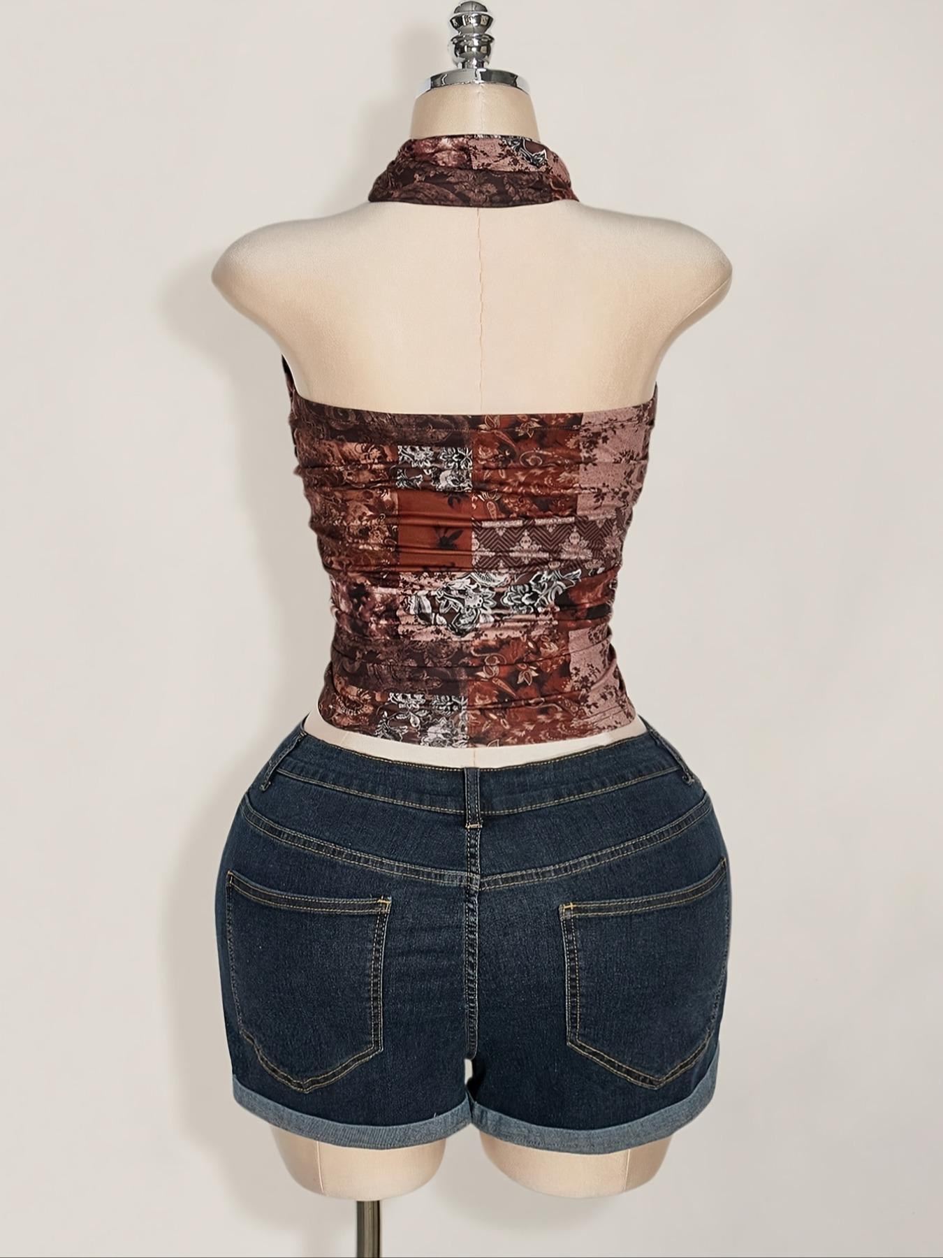 Women's tank top, bohemian style, American retro/metal ring hanging neck, backless hanging neck//Paisley print/lightweight and breathable, suitable for daily commuting wear/shopping/dating/beach vacation/casual versatile style