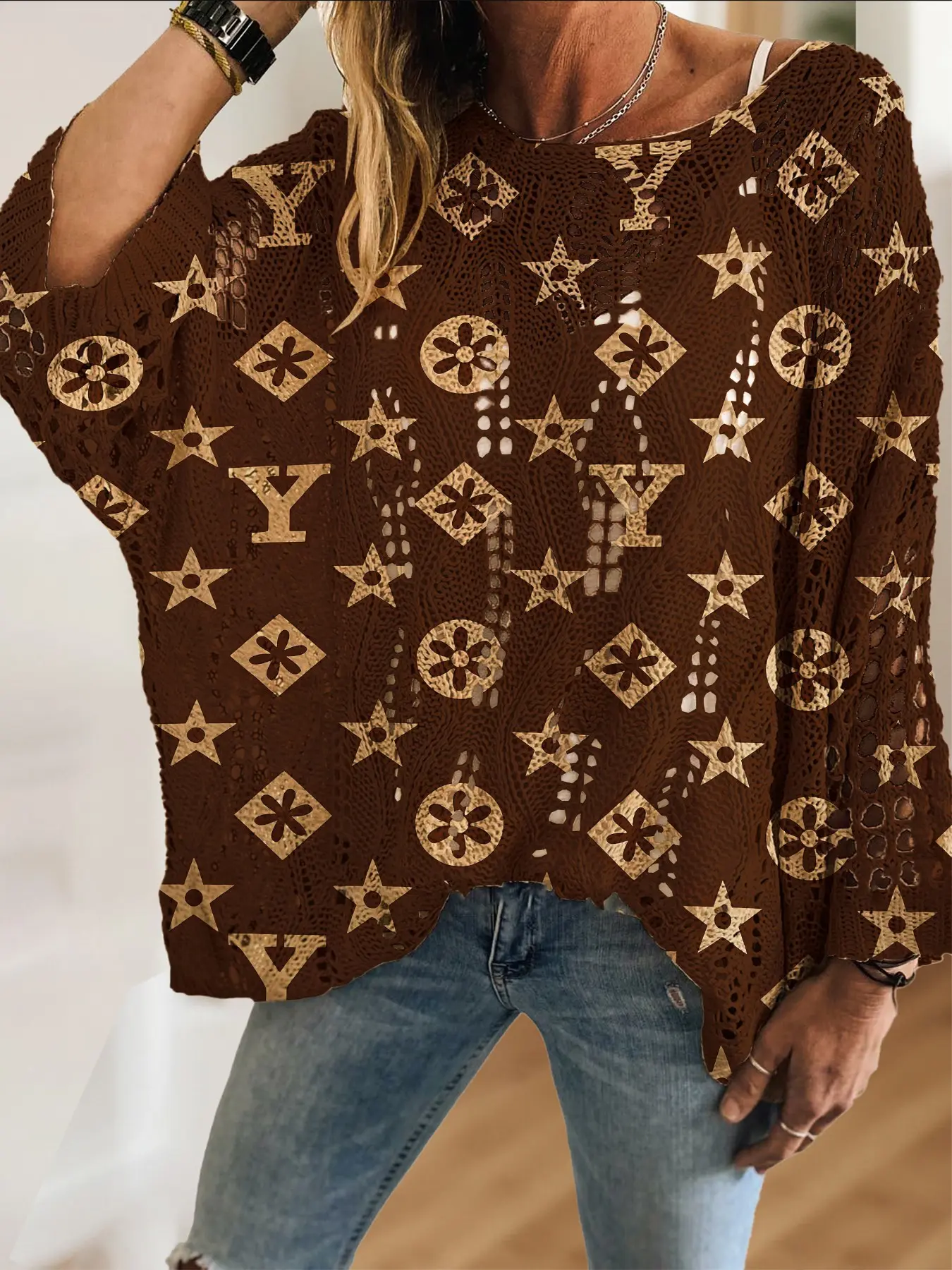 Women's Bohemian Vintage Geometric Print Round Neck Long Sleeve Loose Oversized Knit Hollow Out Top, Casual Elegant Vacation Style Sweater Knitwear Knitting, Boho Pullover