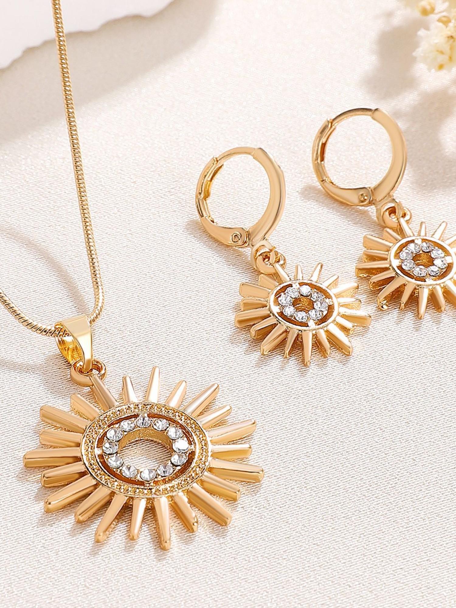 Sunflower Pendant Necklace Earrings Set, Micro-Set Zircon, Elegant Women's Jewelry, Perfect for Evening Parties, Long-Lasting, Luxury Gift