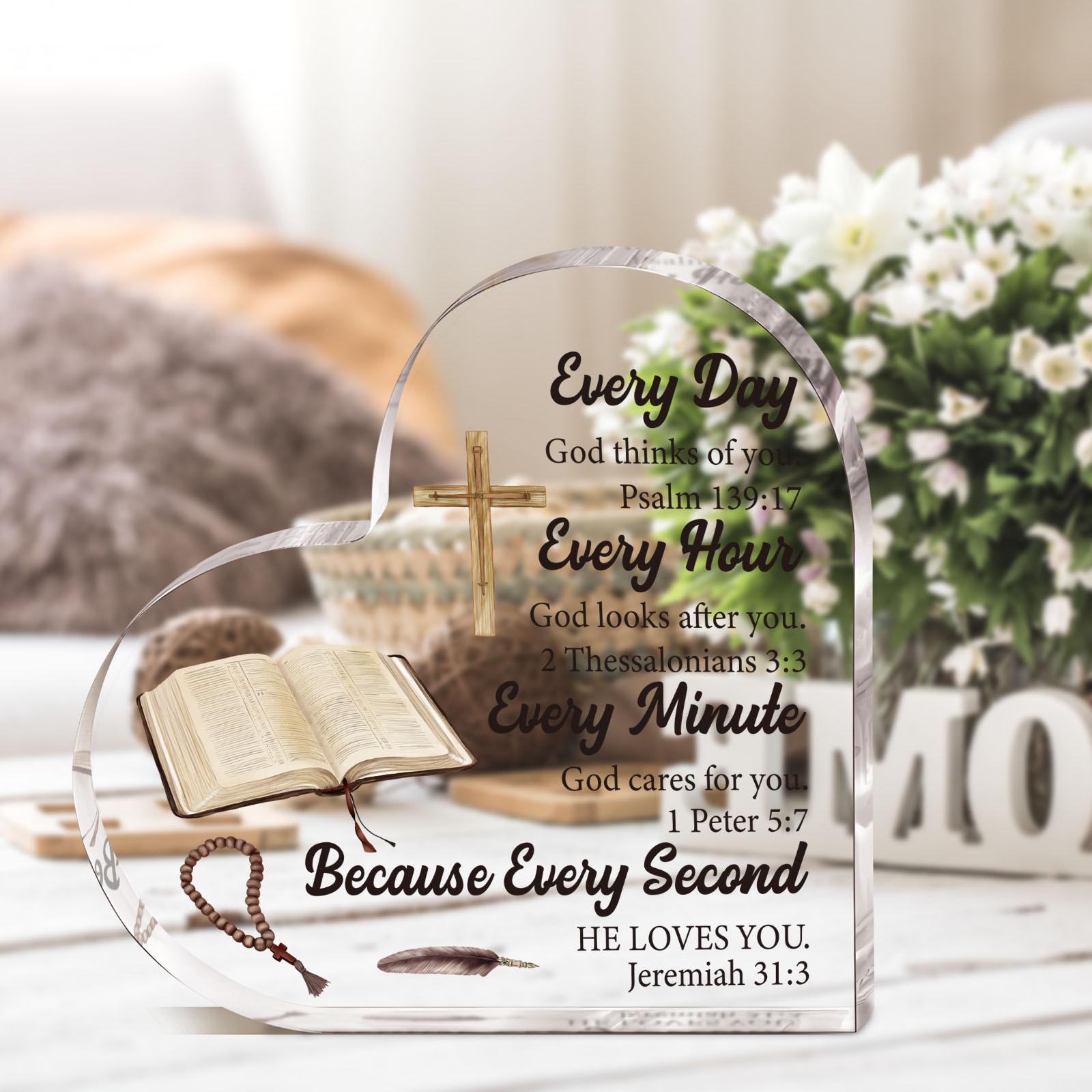 Acrylic Heart Shaped Plaque, 1 Count Bible Verse Pattern Ornament, Home Office Desk Decoration Gift for Pastors Women Daughter Friends Bestie, Acrylic Plaque Sign