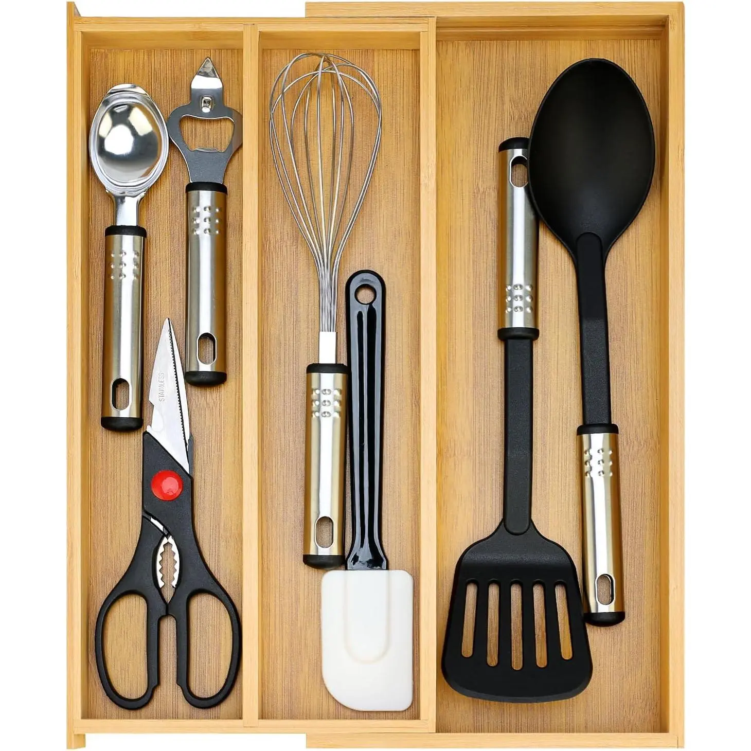 Large  Kitchen Utensil Drawer Organizer Expandable Silverware Tray | Big Cooking Utensil Drawer Divider Spoon Flatware Organizer Storage Adjustable Wooden Cutlery Holder Tool  Spatula Tray