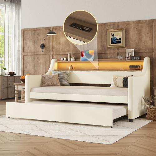 Bellemave Twin Size Daybed with Trundle Upholstered PU Leather Charging Station LED RGB Lights Stylish Storage Headboard Space Saving