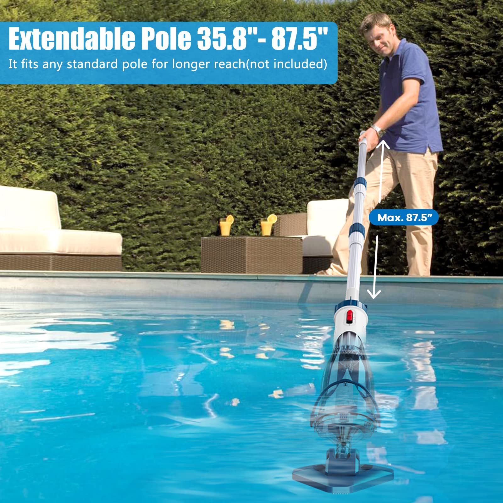 【10-OFF!!!】ENHULK Handheld Rechargeable Pool Cleaner with Telescopic Pole 18.5 Gallons/Min Suction for Above Ground Pools Leaves Debris Removal