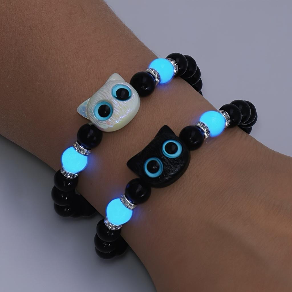 2pcs Luminous Cat Bracelet Set - Elastic Stretch Matching Beaded Jewelry for Couples, Besties & Sisters. Black & White Glow-in-the-Dark Animal Wristband for Halloween, Party & Daily Wear. Perfect Holiday Gift for Cat Lovers, Teens & Friends.