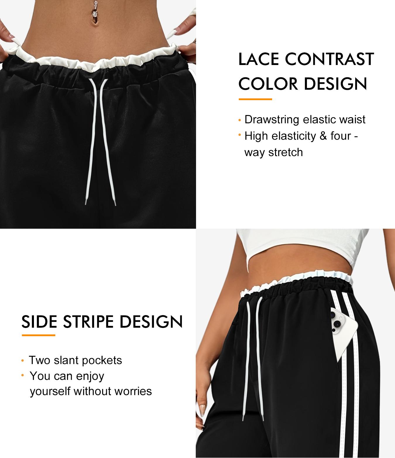 Plus Size Women's Wide Leg Pants, Drawstring Waist Design, Lace Waist Detail, Pockets, Side Stripes, Suitable for Various Occasions, Wide Legged Pants