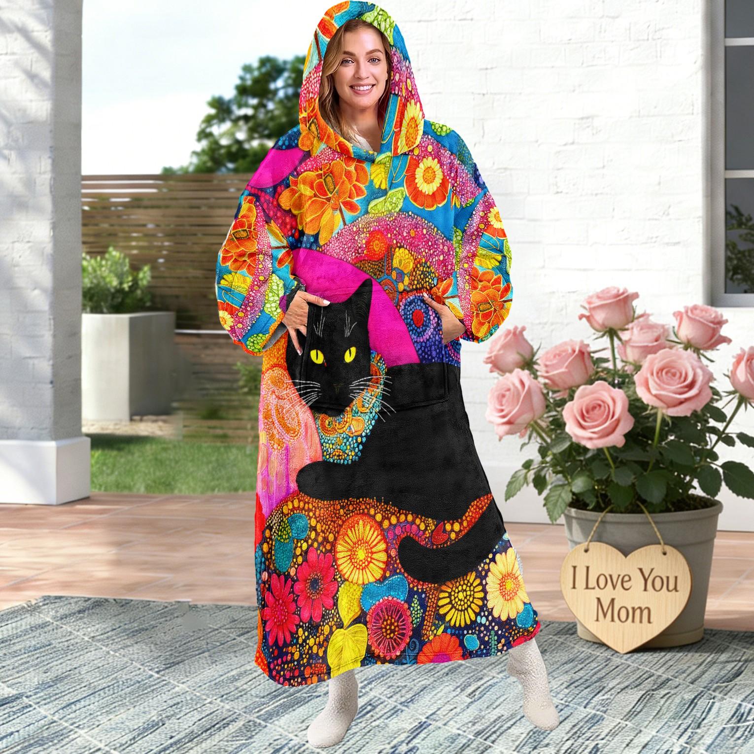 Hooded Blanket Wearable Throw, Vintage Cat Print Hoodie Blanket, Soft Warm Flannel Blanket for Sofa Home Leisure Air Conditioning Nap Office Bed Camping Travel Valentine's Gift