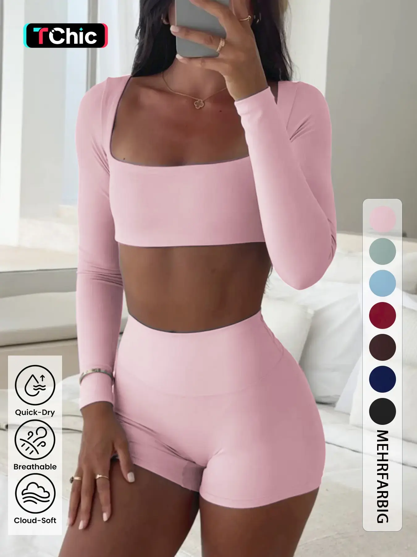【Black Friday】Women's Sporty Plain Long Sleeve Cropped Top & Skinny Shorts, Slim-Fit Athleisure Two-Piece Set, Activewear for Fall, Comfortable Casual Outfit for Daily Wear