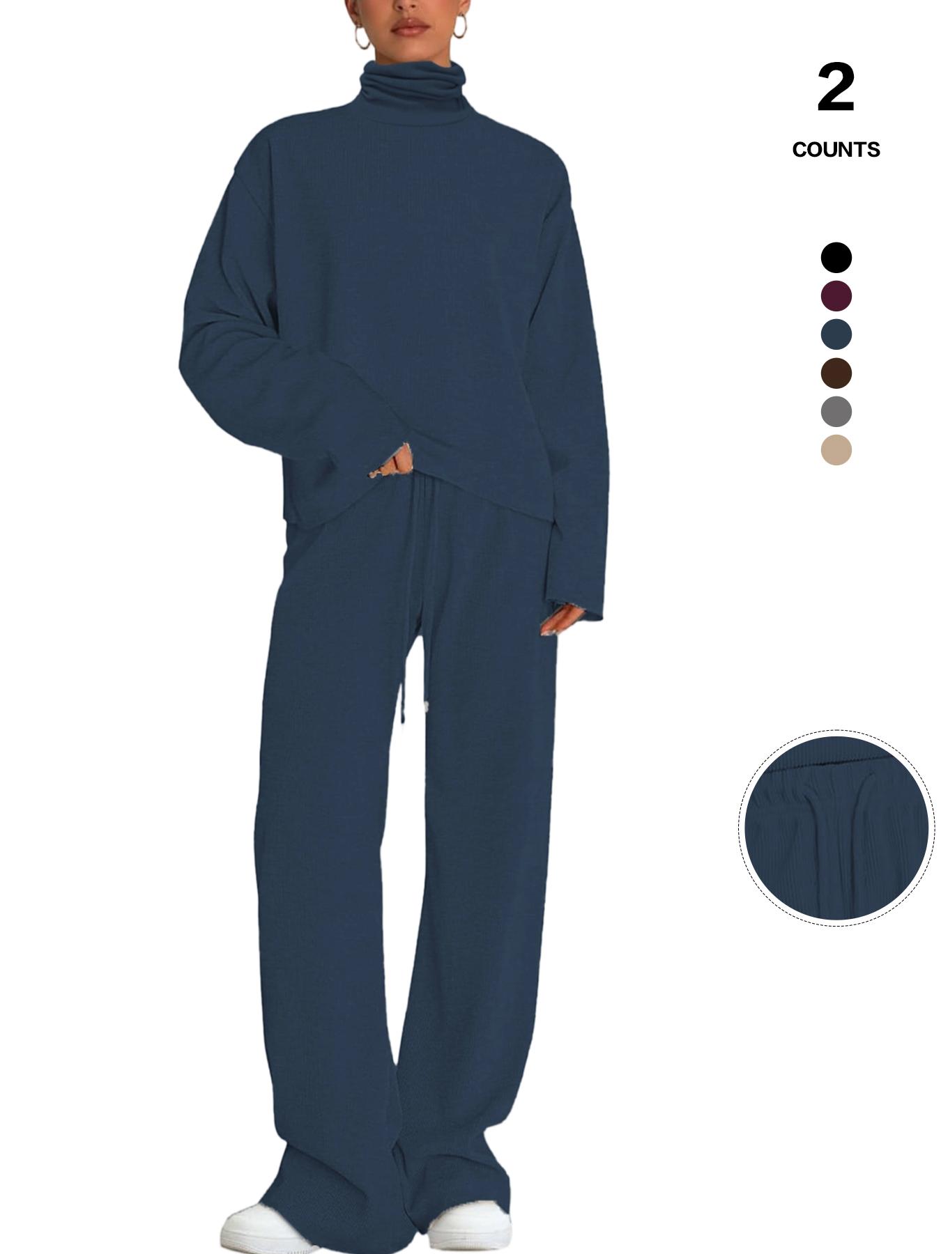 Women's 2 Piece Set Outfits Lounge Sets Ruched Short Sleeve Tops High Waisted Wide Leg Pants Tracksuit Sets, Elegant and casual high-round-neck long-sleeved basic two-piece set Casual Loungewear Set