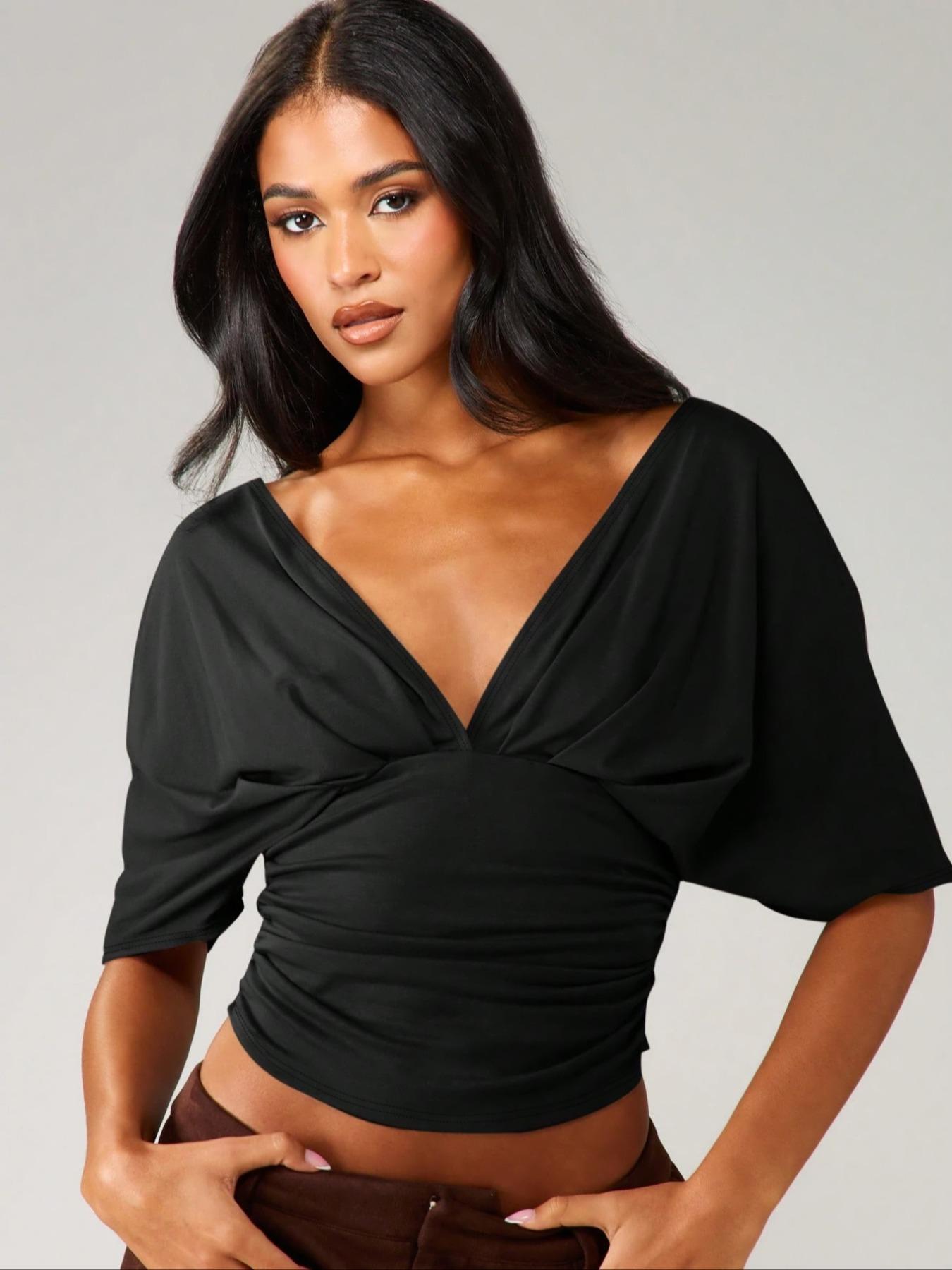 Women's Fashionable Comfortable Casual Fitted T-Shirt, V-Neck Backless Slimming Top, Plain Surface, All Seasons Apparel