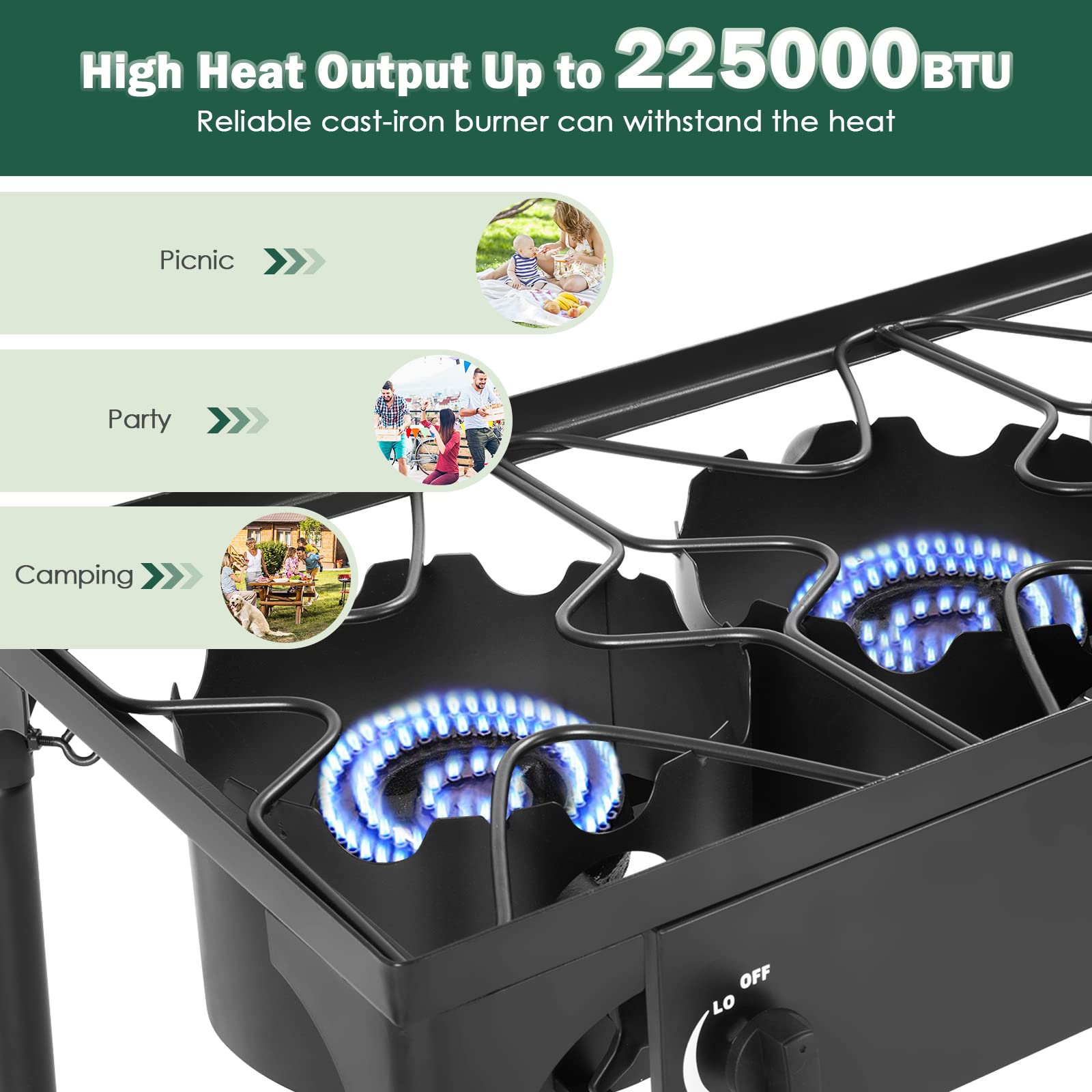 PineHome 3 Burner Propane Stove, 225,000 BTU High Pressure Outdoor Cooker with Cast Iron Head.Includes 0-20 PSI Regulator, Removable Legs for Camping, Tailgating, Home Brewing.