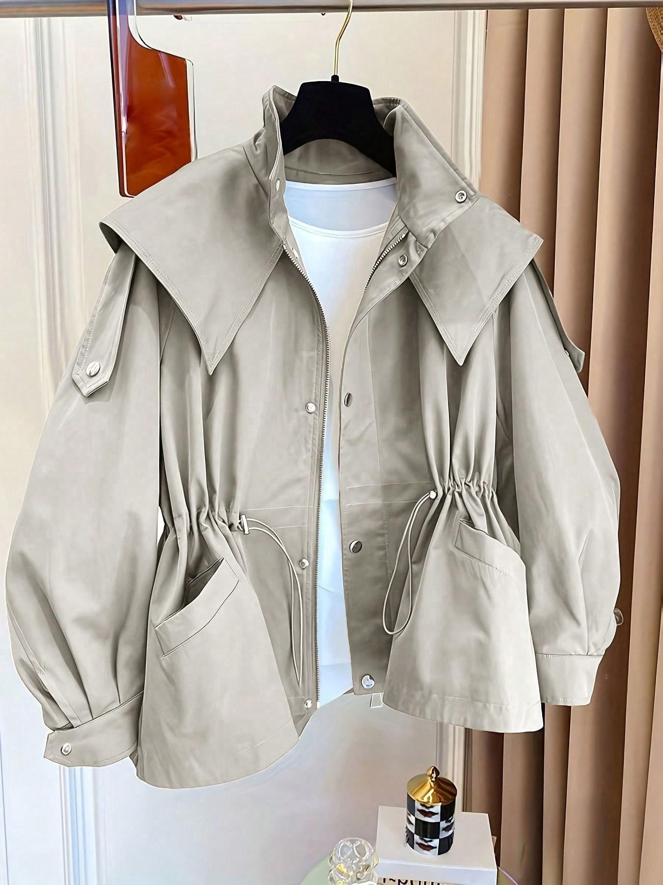 Women's Elegant Baggy Windbreaker Coat, Workwear Jacket, Drawstring Waist Design, Pockets Included, Essential for Fall and Winter Women's Elegant Baggy Windbreaker Coat, Workwear Jacket, Drawstring Waist Design, Pockets Included, Essential for Fall and Winter