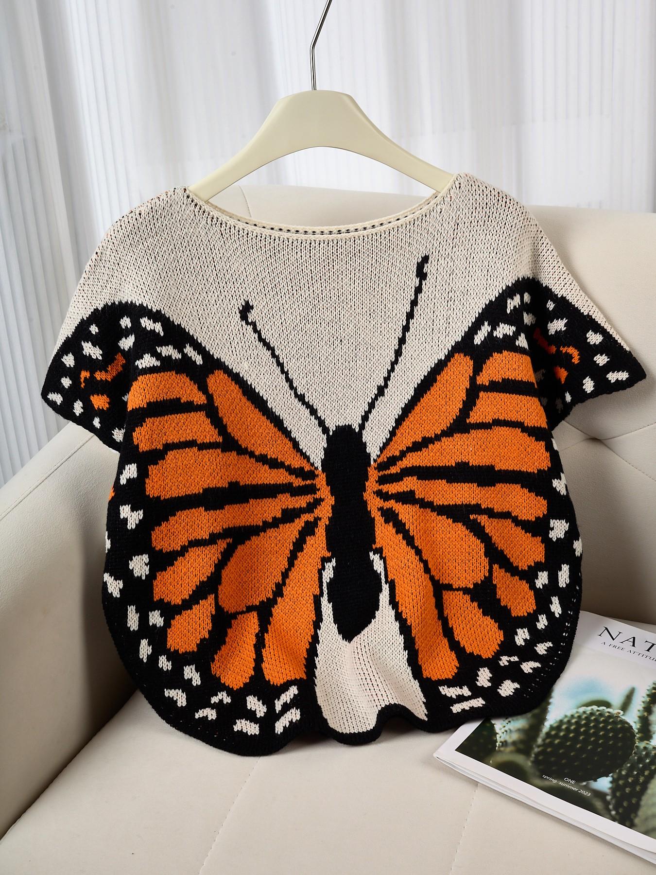 Vintage Butterfly Knit Pullover for Women, Unique Design Outerwear, Casual Loose-Fitting Top, Spring & Fall, Acrylic Material Knitwear
