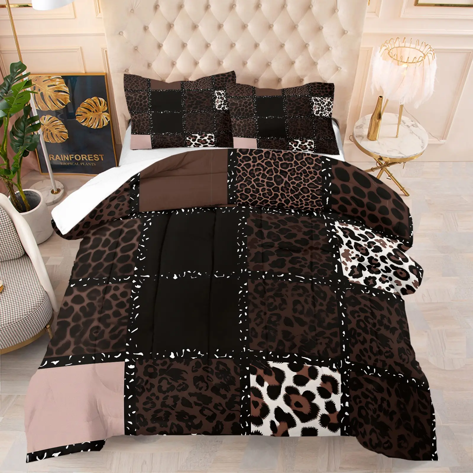 2/3Pcs Brown Black Patchwork Leopard Comforter Set, Classic Retro Spliced Leopard Fur Pattern Bedding Set--1 Comforter + 1/2 Pillowcases, U‑Shaped Quilted Soft Quilt Insert for Bedroom Dorm Modern Decor Ideal Gift Choice Duvet Set