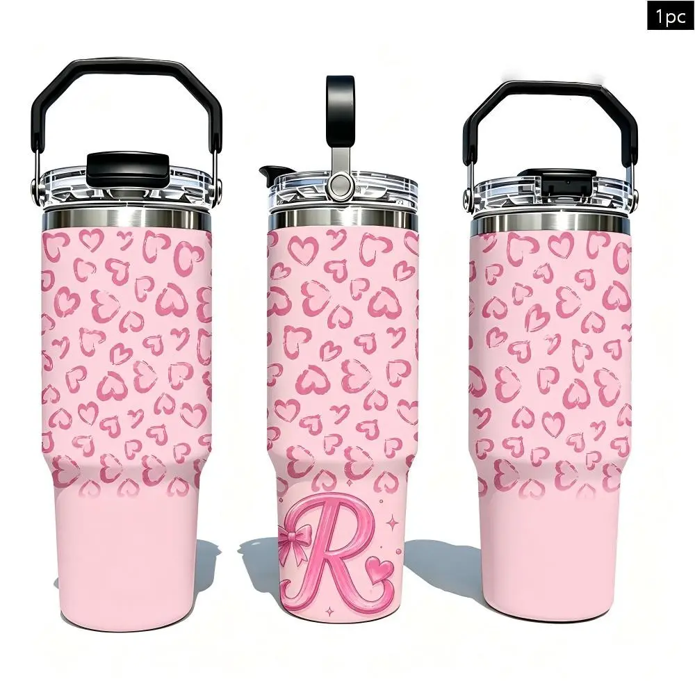 1PC 30oz Pink Heart Monogram R Insulated Tumbler with Portable Handle & Leak-Proof Lid, Double Wall Vacuum Travel Mug, Large Capacity Cup for Men Women, Birthday Valentine’s Day Personalized Initial Gift