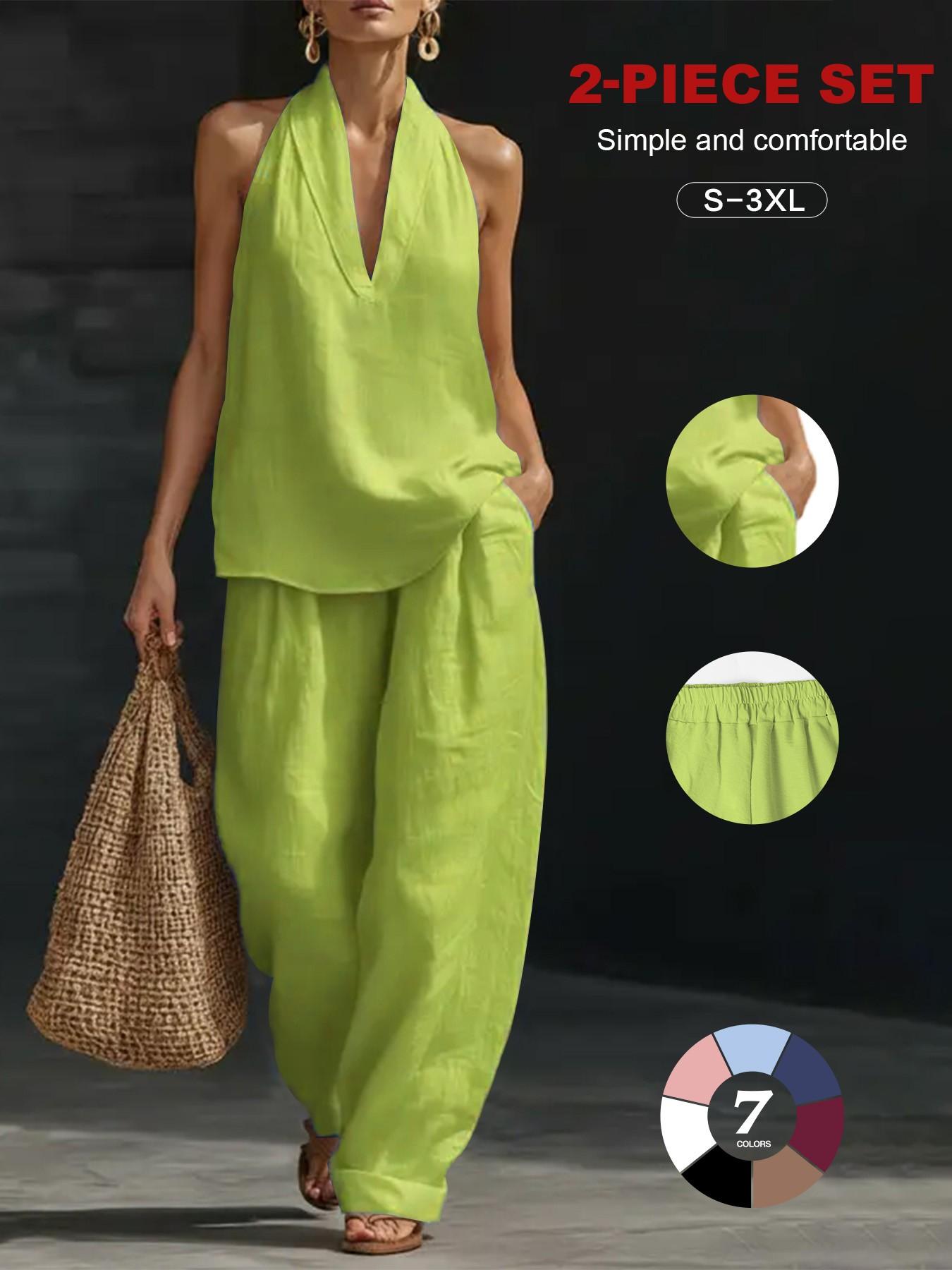 Women's Linen Sets 2 Piece Summer, Casual Sleeveless Lounge Set, Ankle Length, Loose-Fitting, Beach Vacation Clothes