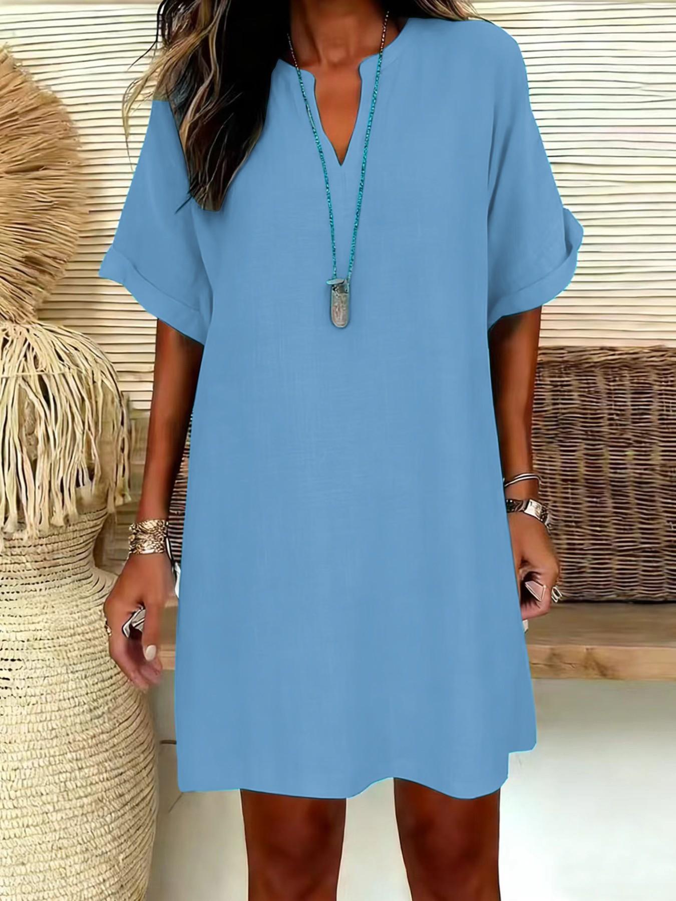 Women's Plain V-Neck Short Sleeve Dress, Casual Drop Shoulder A-Line Midi Skirt, Summer Fashion, Comfortable and Stylish