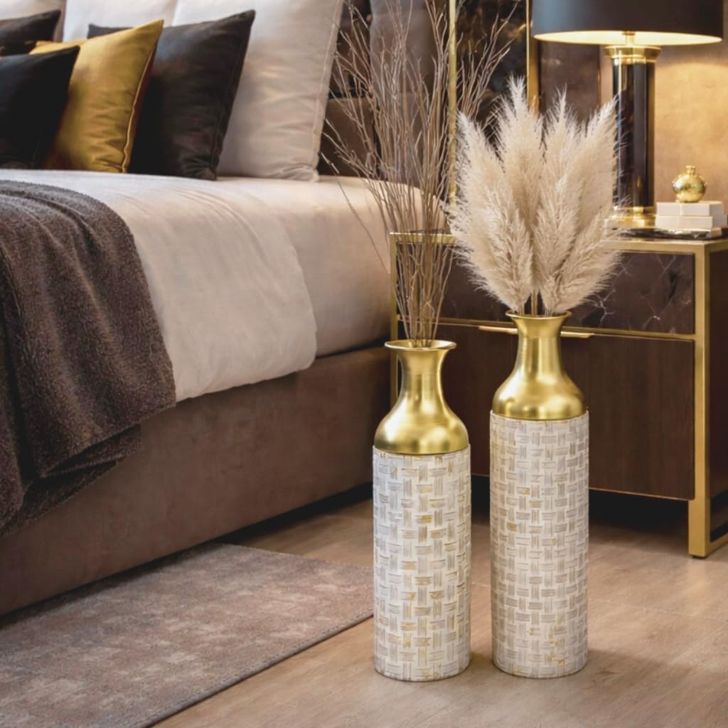 Floor Vase Set (2) with Removable Lid - Large Tall Decorative Vases in Metal, , 21/16? - Modern  Decor for Living Room, Hallway, Fireplace & Office - for Pampas Grass & Dried Stems