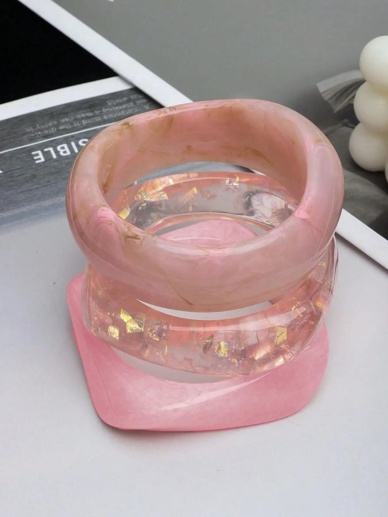 3pcs/Set Pink Acrylic Bracelet Set, Elegant Minimalist Dye Bangle Combination, Can Be Worn Alone Or Stacked, Suitable For Daily Wear And Vacation