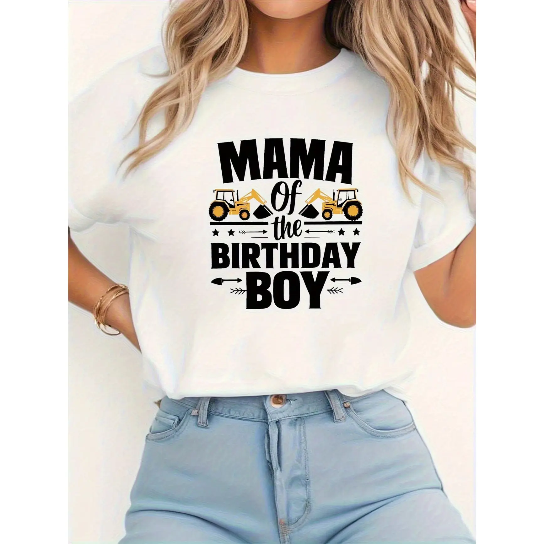 Mama Of The Birthday Boy Construction Graphic Tee – "MAMA of the BIRTHDAY BOY" With Two Yellow Excavators & Arrow Decorations, Construction Party Print, 100% Cotton Non-Washed Shirt, SummerVibes Perfect Gift For Moms, Best Toddler Birthday Party Outfit