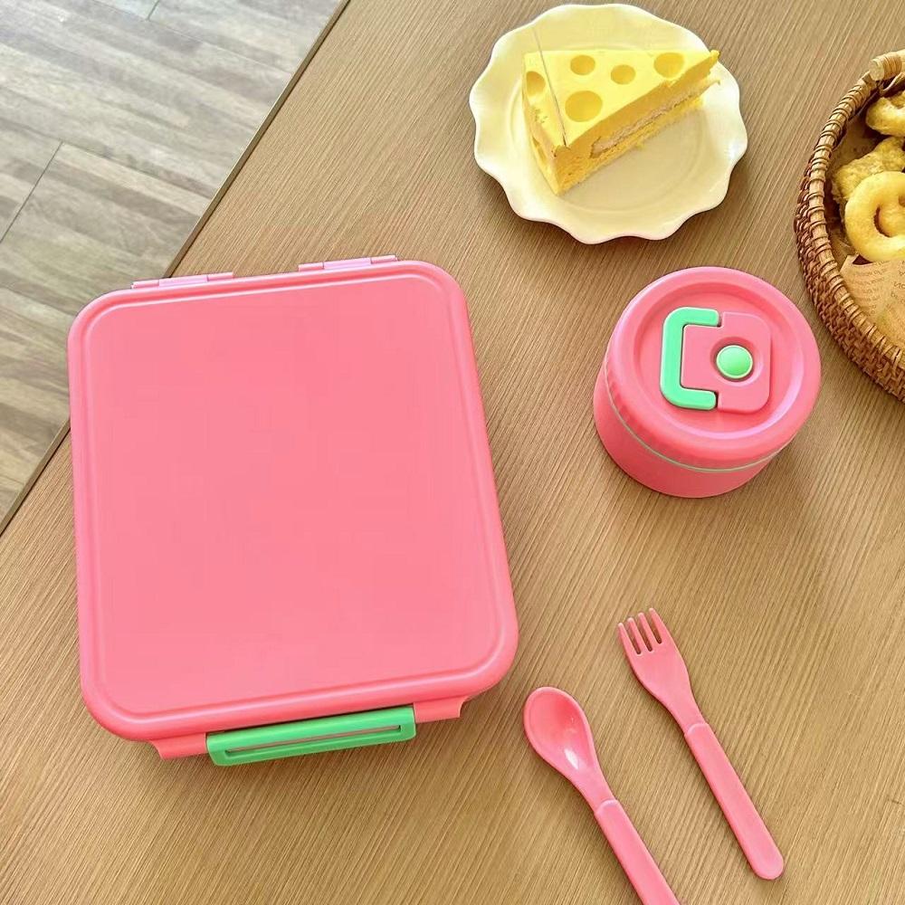 Cute Cartoon Bento Lunch Box with Soup Thermo, Kids Leakproof 4 Compartments, Insulated Food Jar for School Travel, Leak-Proof Bento Box with Spoon