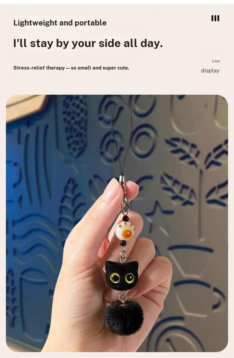 Flocked big-eyed black cat cartoon phone chain pendant, exquisite and cute beaded bag keychain pendant, children's gift