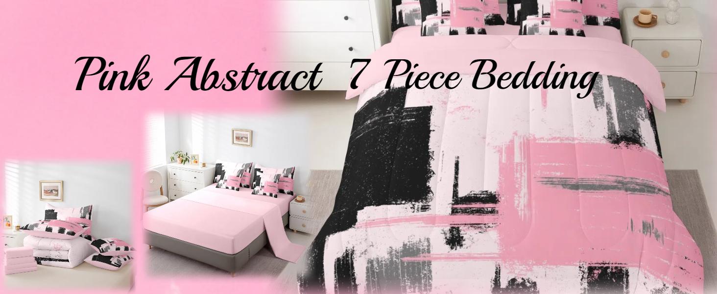 Feelyou 7-Pieces Bedroom Bedding Set - Modern Abstract Pink Black Pattern Comforter with Included Sheet Set