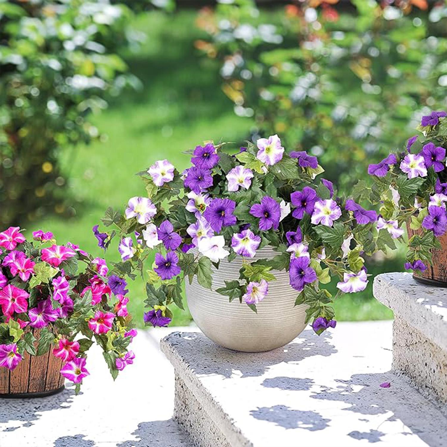 Outdoor Decor Artificial Fake Flowers Plants, 2 Pcs Realistic Petunia Silk Flowers, UV Resistant Non-Fading, Home Garden Balcony Patio Indoor Decoration, Artificial Flowers For Outside