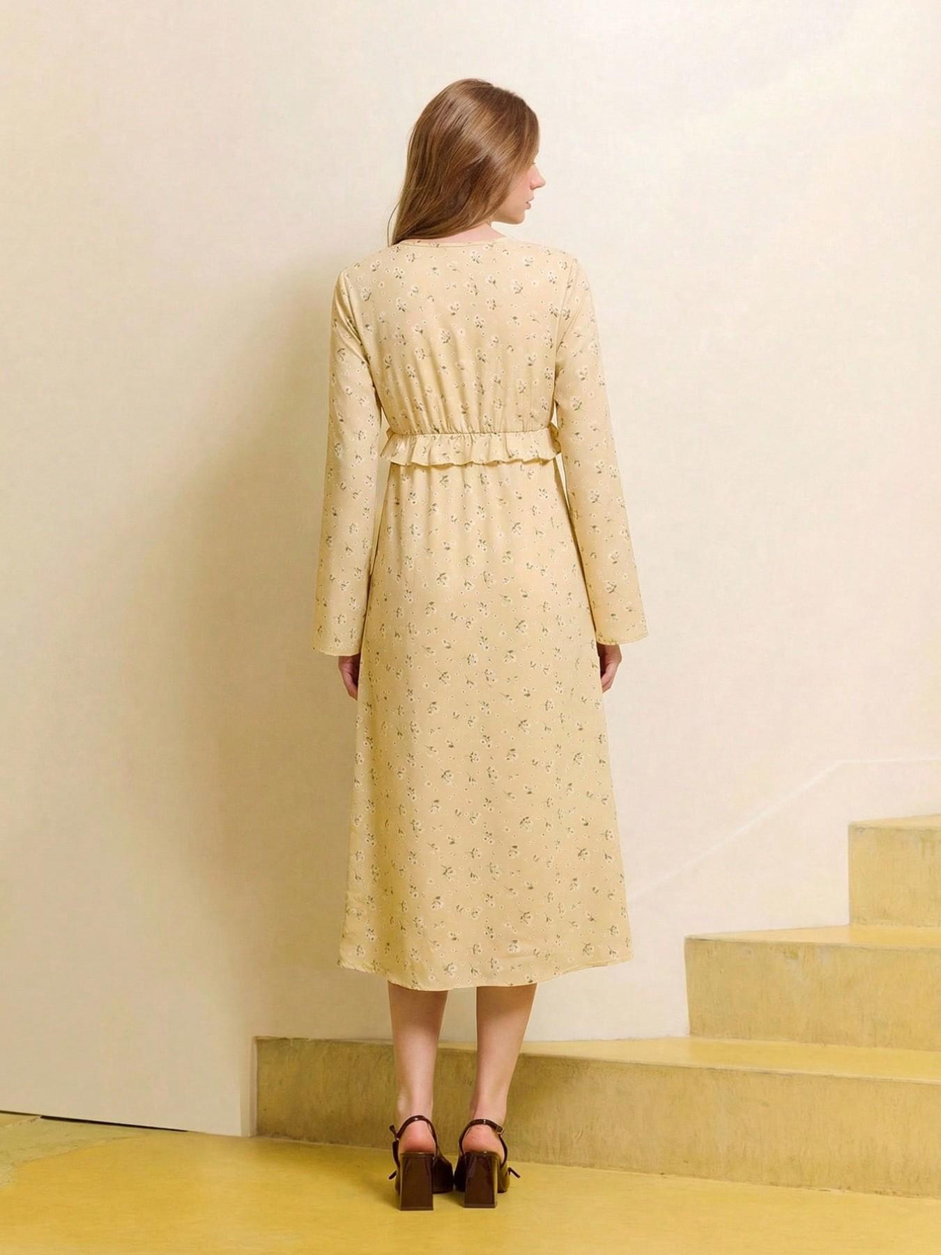 Women's Floral Print V-Neck Belted Midi Dress, Ruffle Details & Long Sleeves, Spring Vacation Dress, Ladies' Long Sleeve Dress