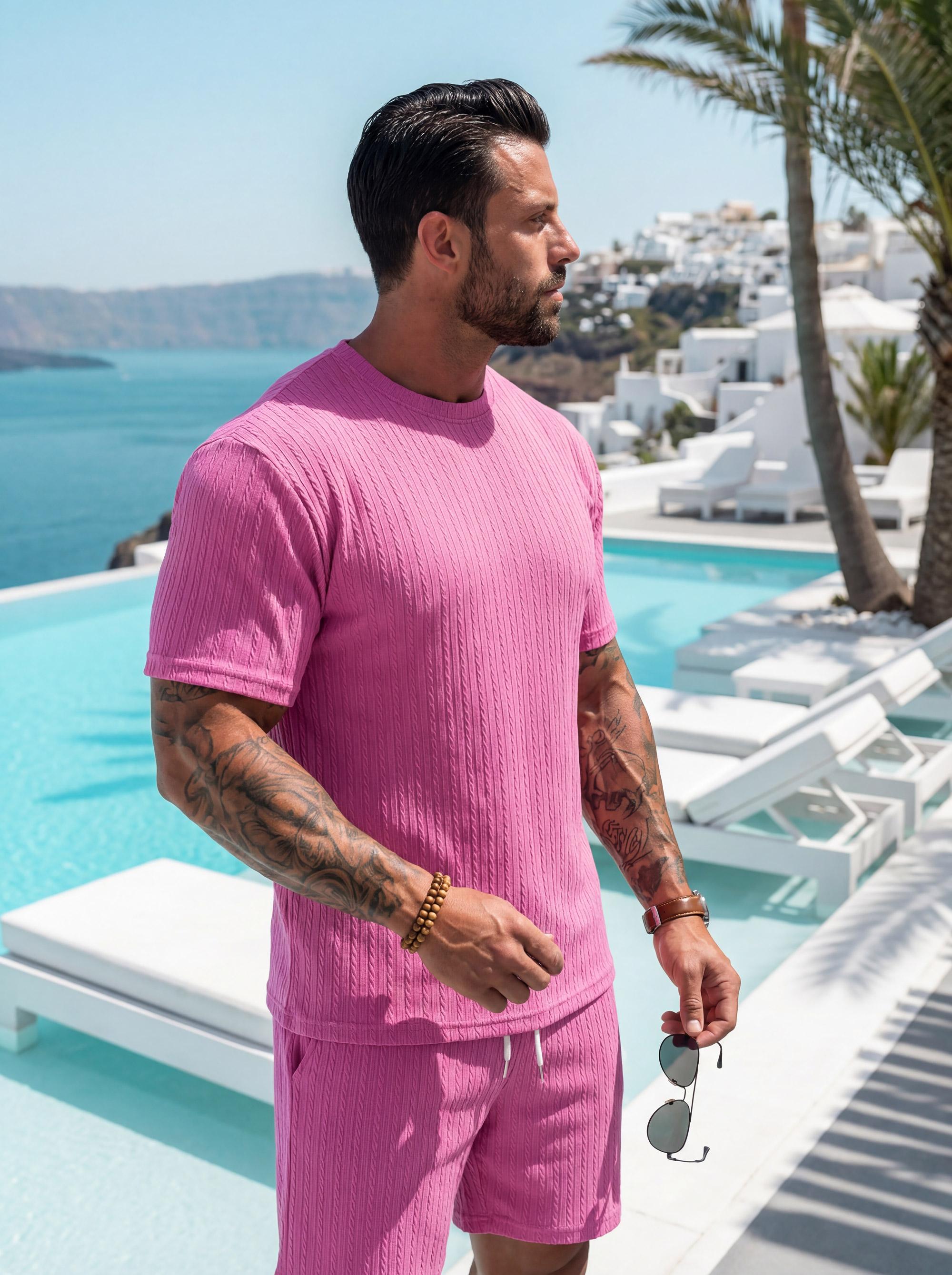 KZZ vacation outfits Two-Piece Set Men's Solid Textured Drop Shoulder Short Sleeve Tee & Drawstring Waist Shorts Set, Spring & Summer Clothes, Loose Casual Fashion Crew Neck christmas gifts for him Tropical