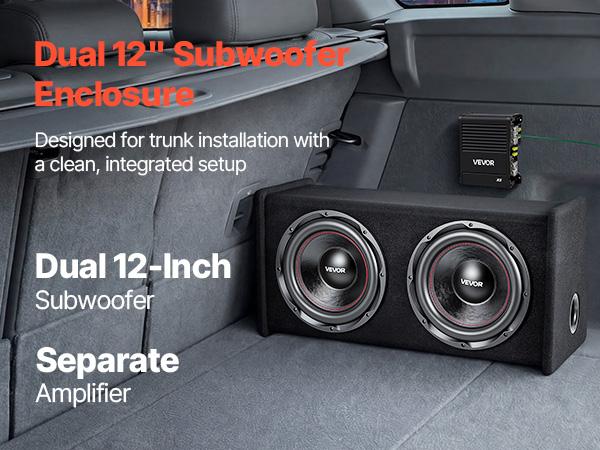 VEVOR Subwoofer Bass Package, 12 in, 490W RMS, Dual Car Audio Subwoofer and Amp Package, with Loaded Enclosure, Separate Amplifier, and Wiring Kit, for Various Vehicles Trunks, Car Audio Systems