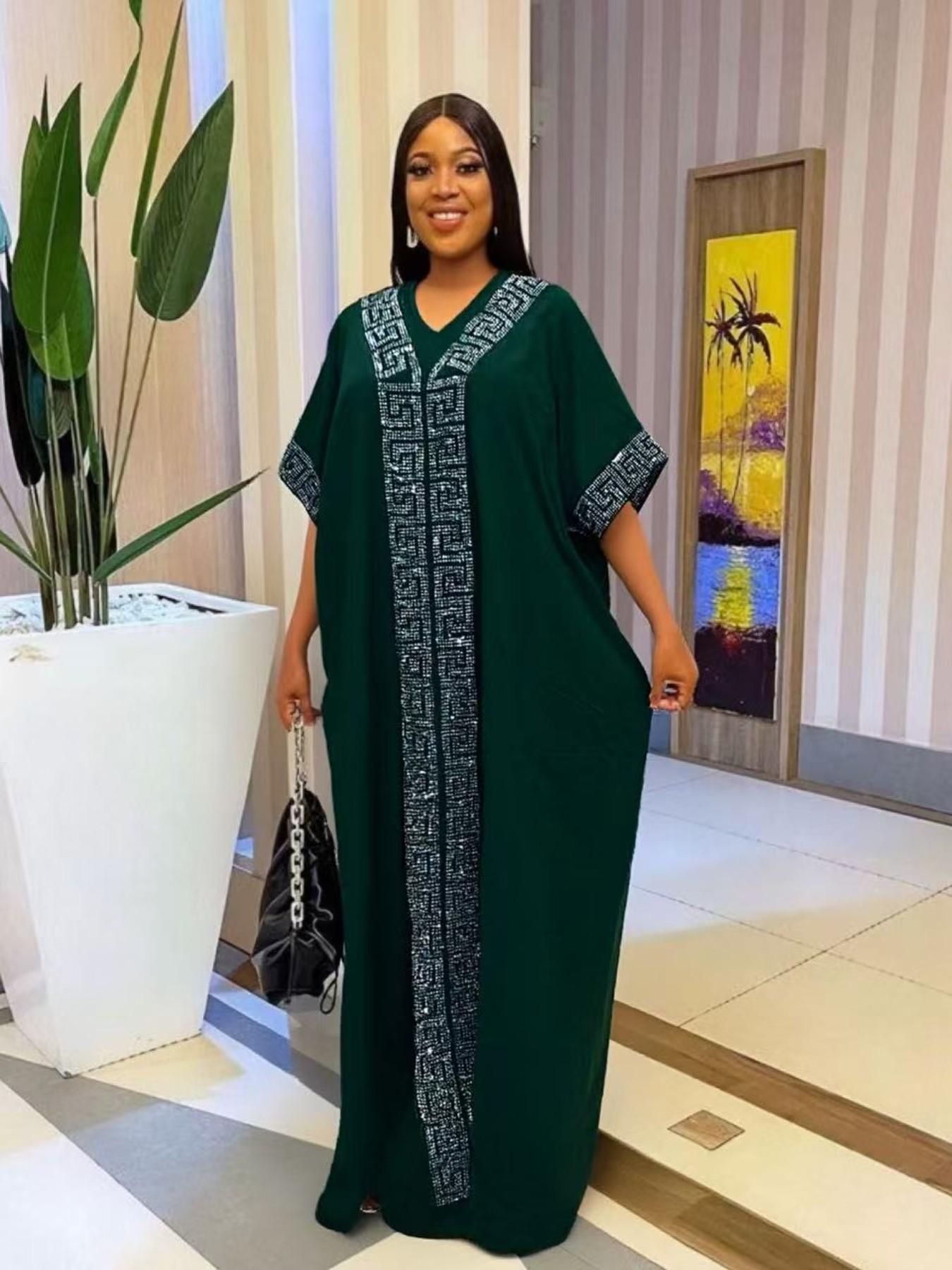 African Nigerian Style Women's Dress, Rhinestone Loose Ethnic Boubou Kaftan, Elegant Solid Color Daily Party Muslim Robe, with Scarf and Pockets 2026