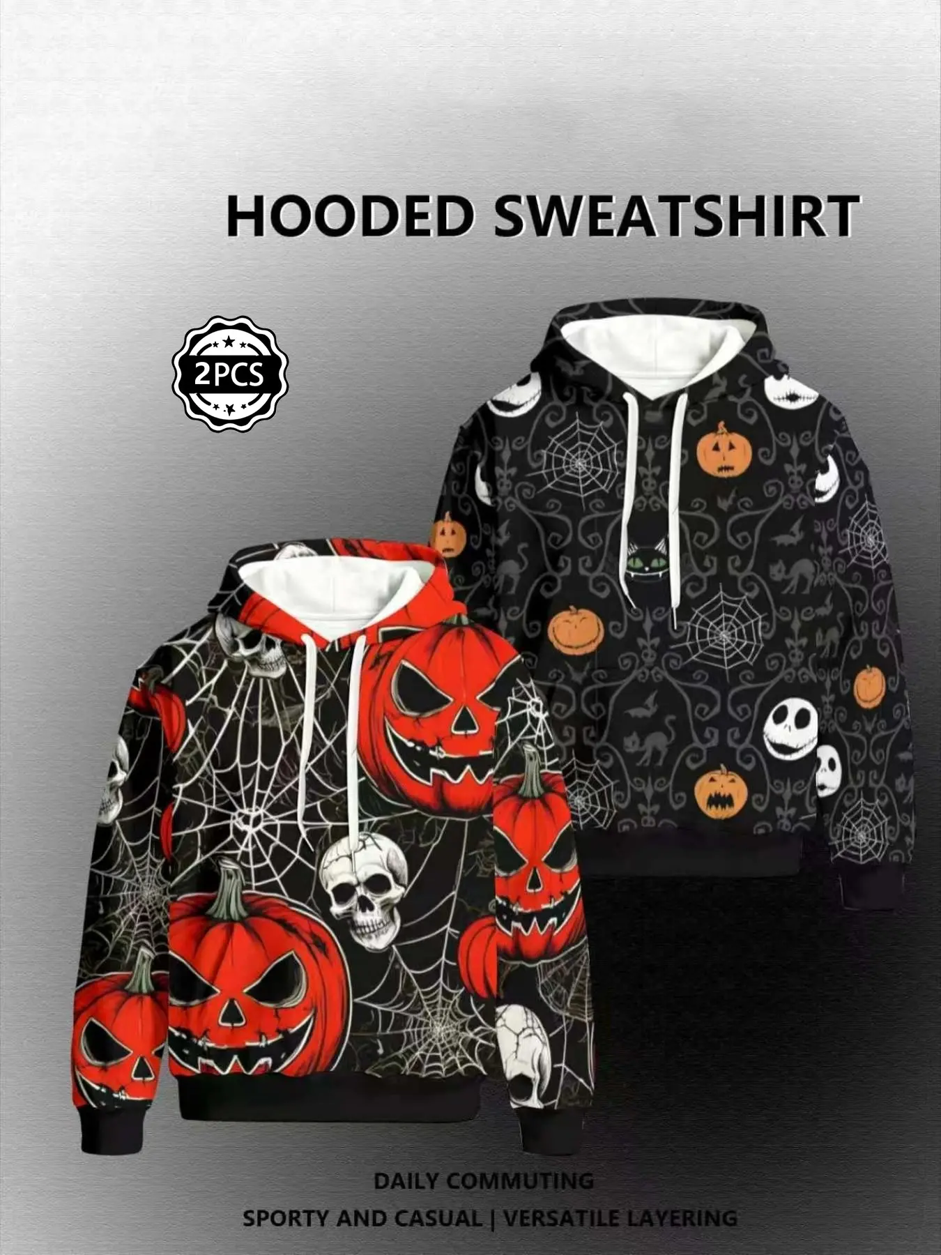 2-Pack Halloween Hoodies, Graphic Print, Long Sleeve, Casual Pullover, 3D Digital Print, Perfect for Parties and Streetwear