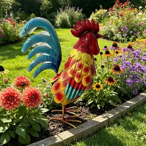 Metal Rooster Statue, Colorful Rooster Sculpture, Outdoor Garden Decor, Farmhouse Rustic Ornament, All-Season Home Garden Decoration