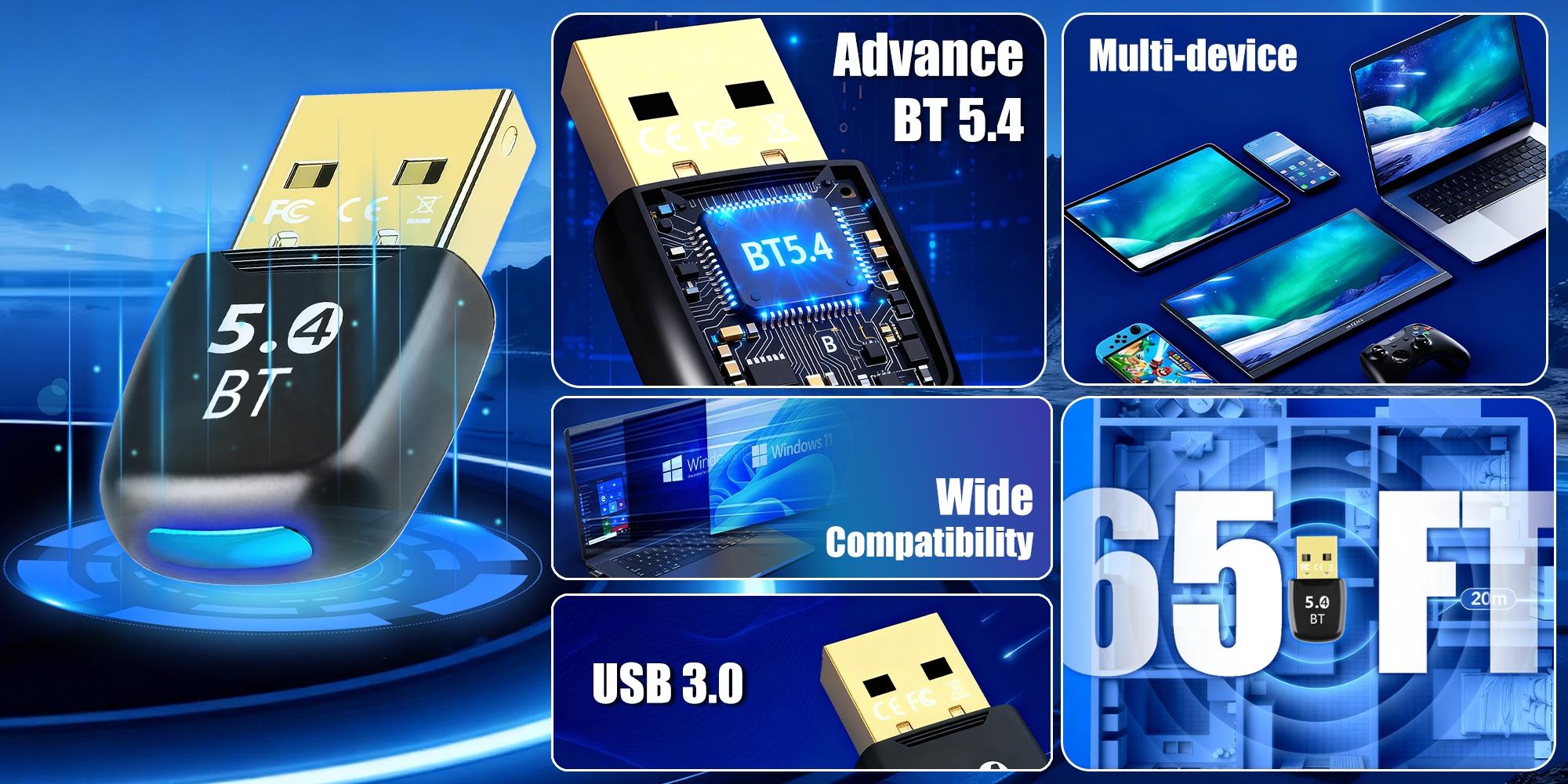 Wireless Audio USB Bluetooth Adapter Bluetooth 5.4 Dongle for PC Windows 11/10/8.1 Bluetooth Receiver /Transmitter for Keyboard/Mouse Speak