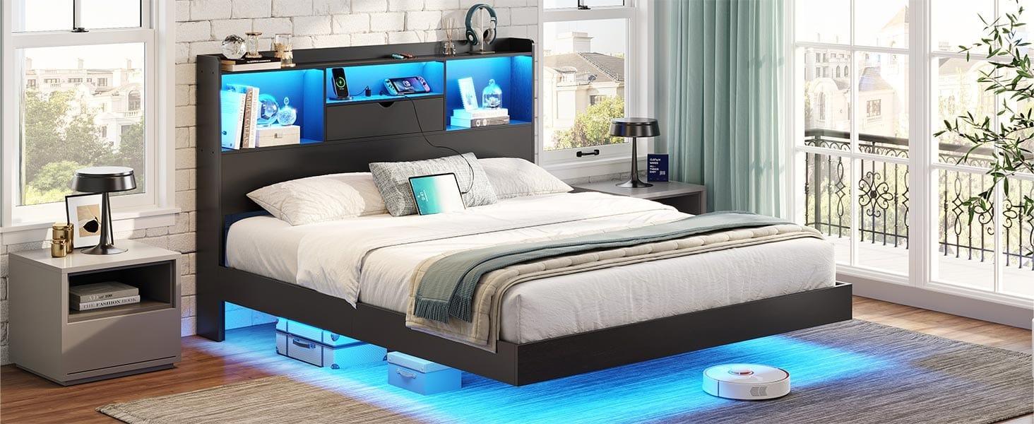 Sikaic Queen Floating Bed Frame with LED Lights and Headboard Storage Black Modern Metal Platform Visual Floating Bed with Charing Station