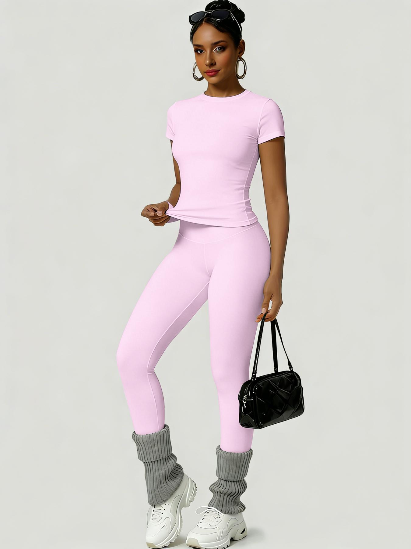 Women's Sporty Slim Fit High-Waisted Yoga Pants & Short Sleeve Round Neck Tee Set, Soft Breathable Activewear for Gym, Running and Outdoor Activities