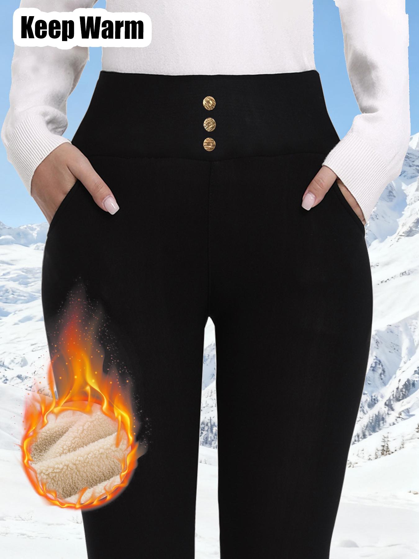 Women's High Waist Fleece Lined Leggings, Thick Warm Yoga Pants with Pockets, Comfortable Elastic Winter Bottoms, Casual Fashion, High Stretch Bottoms