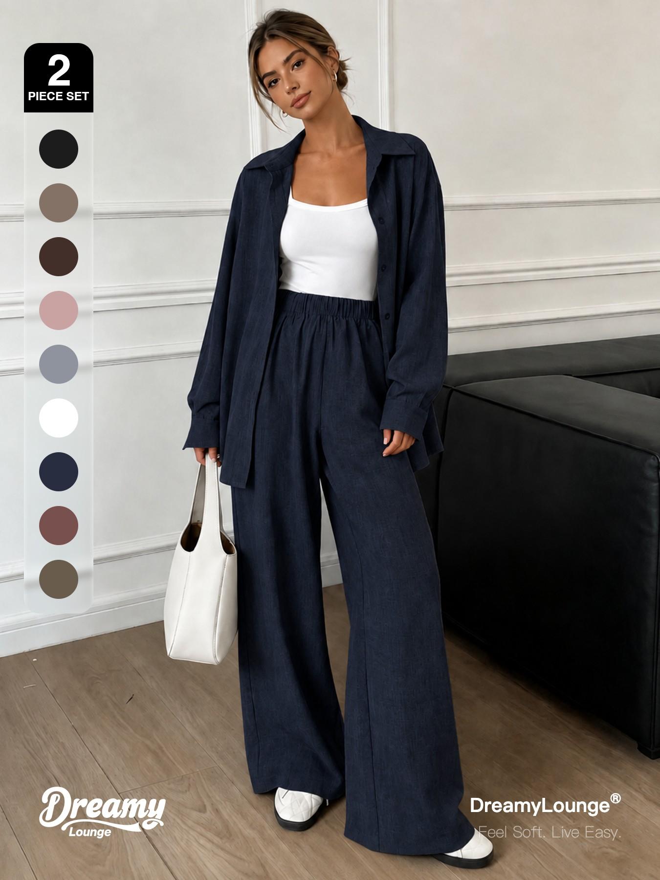2-Piece Set DreamyLounge Women's Textured Linen-Look Loungewear Set, Oversized Button Down Shirt and Wide Leg Pants Matching Set for Travel, Coffee Run and Everyday Wear
