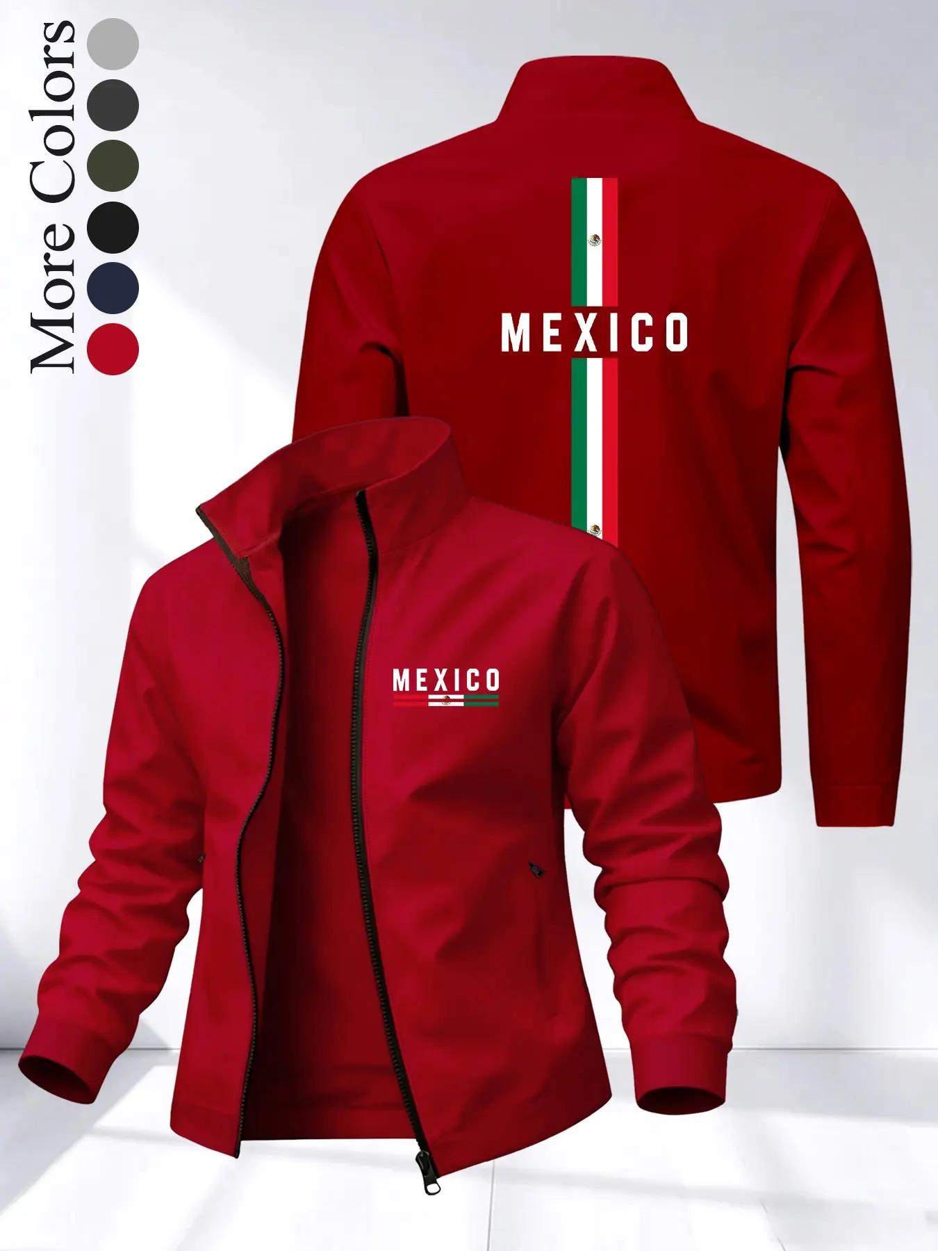 Men's Stand Collar Zipper Jacket, Mexico Flag Print, Casual Spring Fall Outerwear, Loose-Fit, Multiple Colors, Daily Wear, Home Leisure