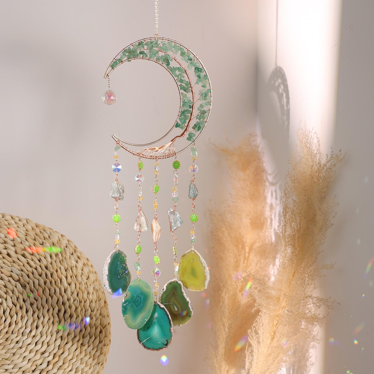 Gemstone Moon Suncatcher - Copper Wire Wrapped Tree of Life & Natural Agate Slice Wind Chimes, Crystal Rainbow Maker for Home Window, Garden & Wedding Decor, Perfect Birthday Gift